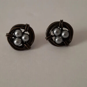 Vintage Pearl Basket Eggs Cluster Hematite Earrings Dark Bronze